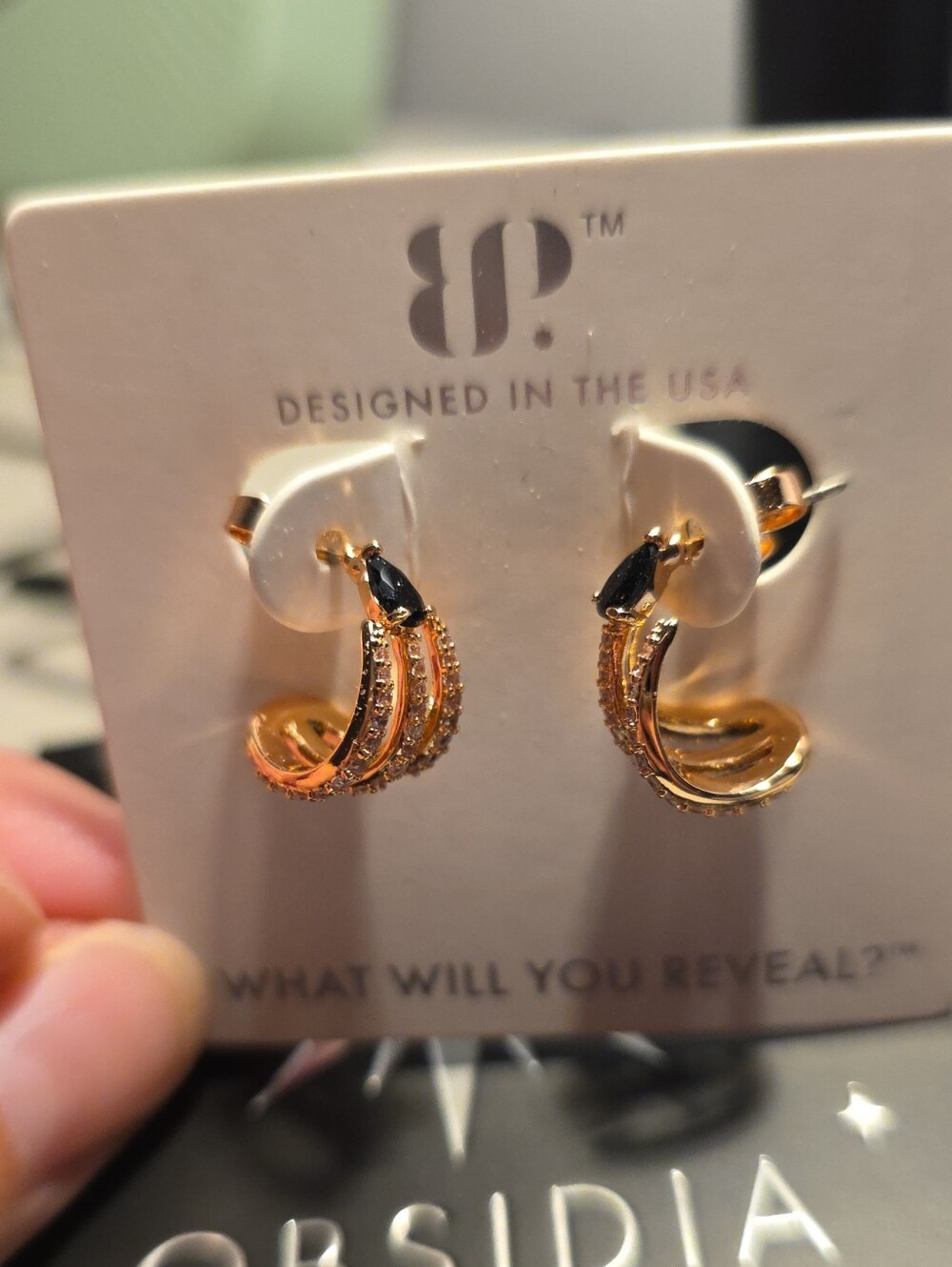 bp Rose Gold Triple-Row Hoop Earrings with Black Stone